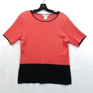 Misook Tunic Women Petite Large Red Black Knit Colorblock Shirt Shoulder‎ Pads